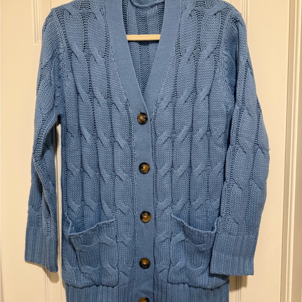 Blue Cable Knit Cardigan Sweater